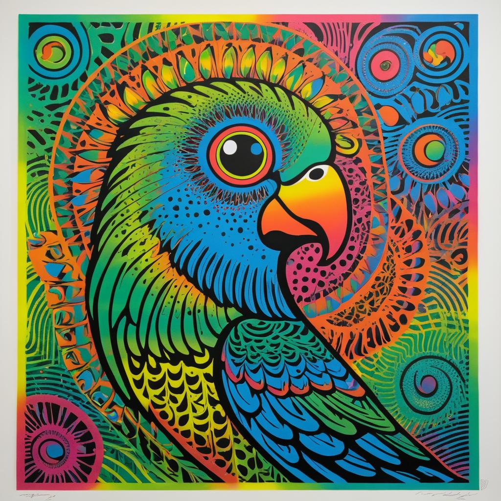 Whimsical Parrot Lithograph in Haring Style