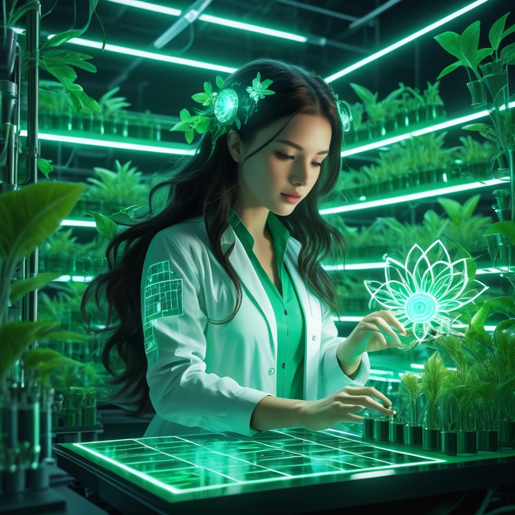 Futuristic Botanist in High-Tech Laboratory