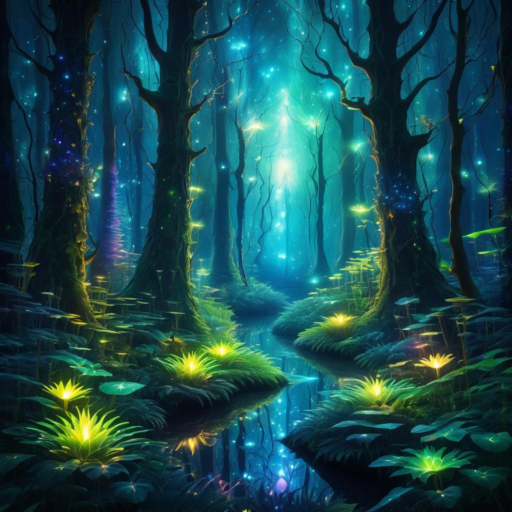 Surreal Mythical Forest with Glowing Flora