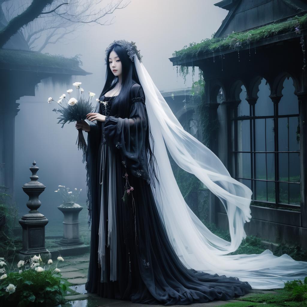 Gothic Ghostly Woman in Abandoned Garden