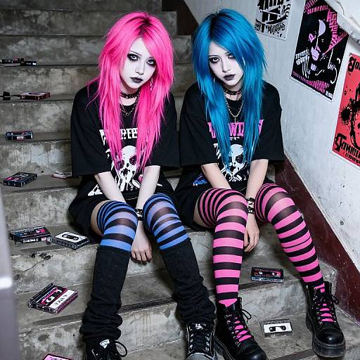 Photograph of two punk-style girls with neon pink and blue hair, black t-shirts, and striped pink and blue leggings, sitting on concrete steps with