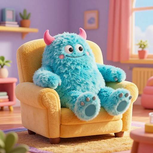 CGI image of a fluffy blue monster with pink horns, sitting relaxed in a yellow armchair in a colorful, sunlit nursery.