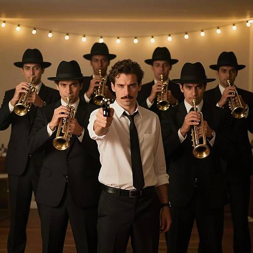 Man Pointing Gun with Trumpet Players in Dim Room