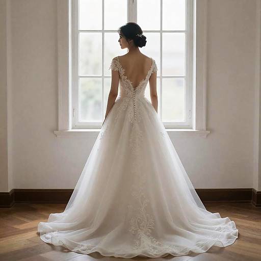 Photograph of a woman in a white lace wedding dress with a deep back, standing with her back to a bright window.