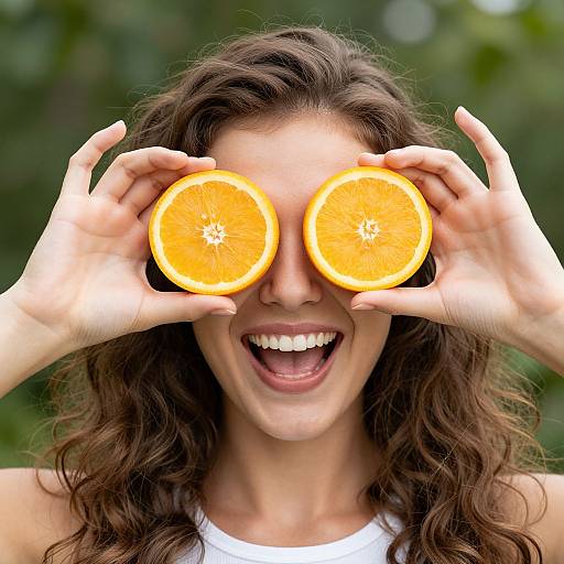 Photograph of a smiling woman with curly brown hair, wearing a white tank top, holding two orange slices over her eyes, creating a playful, vibrant