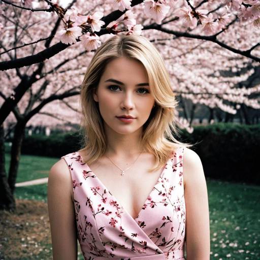 Blonde Woman in Pink Dress Under Cherry Blossoms