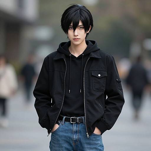 Photorealistic digital portrait of an androgynous Asian male with black hair, black hoodie, black jacket, blue jeans, standing in a blurred