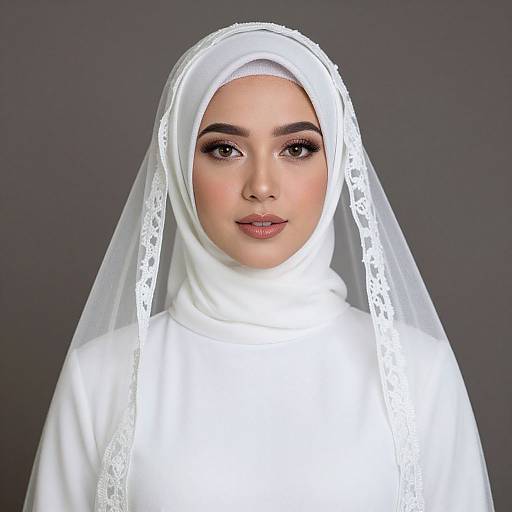 Photograph of a young woman with light brown skin, wearing a white hijab and abaya with lace trim, against a dark gray background. She