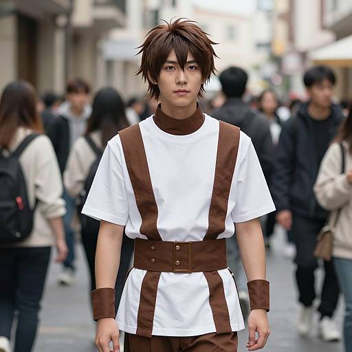 Photograph of an Asian male with spiky brown hair, wearing a white and brown medieval-style tunic, standing in a busy urban street with blurred