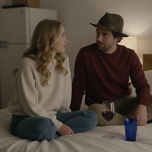 Dimly Lit Couple on Bed with Wine