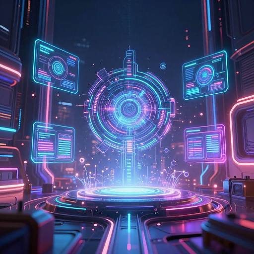 Neon-lit sci-fi holographic control center with glowing blue and pink interfaces, circular holographic display, and futuristic console panels.