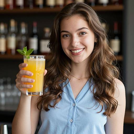 Photograph of a smiling young woman with long brown hair, wearing a light blue sleeveless shirt, holding an orange cocktail with a mint garnish in
