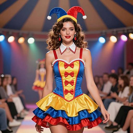 Female Model in Colorful Circus Jester Costume