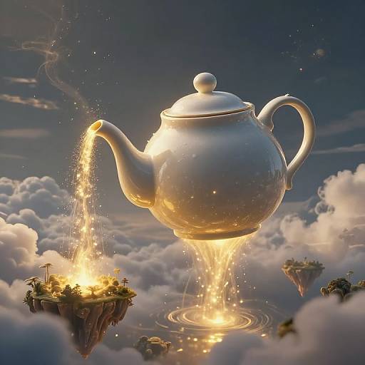 Fantastical CGI: enormous silver teapot hovering above floating islands with glowing fires, surrounded by fluffy clouds against a twilight sky.