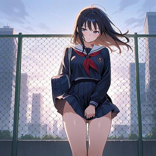 Girl in School Uniform by Fence