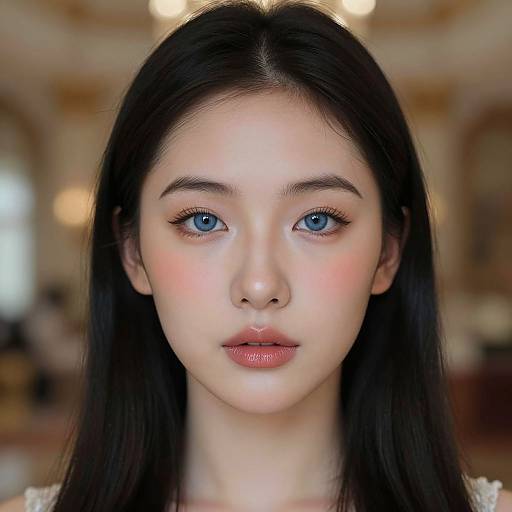 Photorealistic portrait of an East Asian woman with straight black hair, blue eyes, pink blush, and subtle makeup in a softly lit, ornate