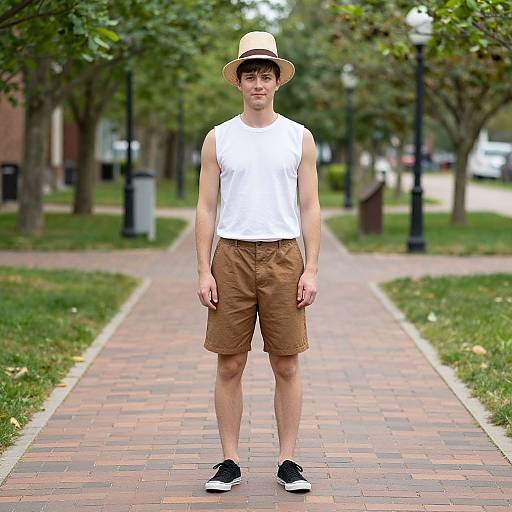 Photograph of a young man standing on a brick pathway in a park, wearing a white tank top, brown shorts, black sneakers, and a beige