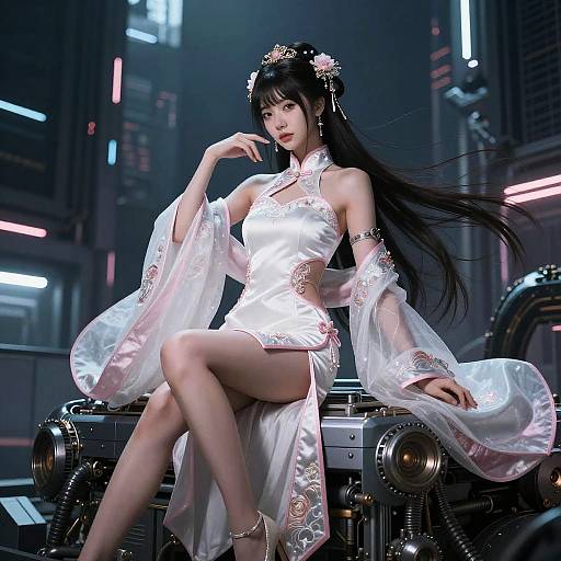 Digital art of an Asian woman in a white, lace-trimmed, revealing dress, sitting on a futuristic machine in a neon-lit city.