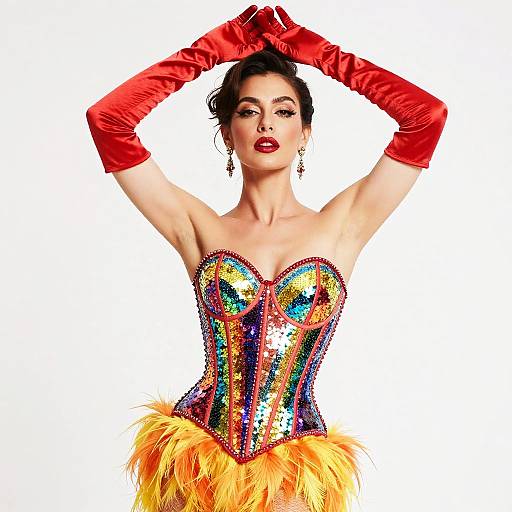 Photograph of a woman with dark hair in an updo, wearing a colorful sequined corset, yellow feathered skirt, and red satin gloves