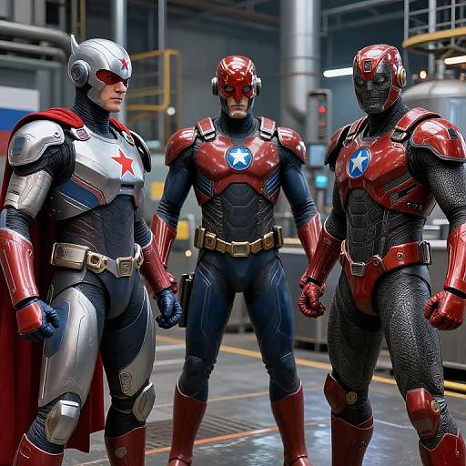 Photorealistic CGI of three armored superheroes in a warehouse, featuring silver, red, and black suits with blue star emblems, standing in a row