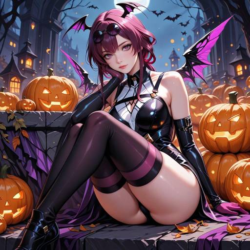 Anime Girl in Halloween Succubus Costume with Pumpkins