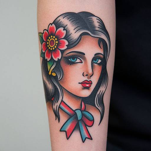 Tattoo of a stylized woman with blue eyes, red flower in black hair, red and blue bow, on light skin.