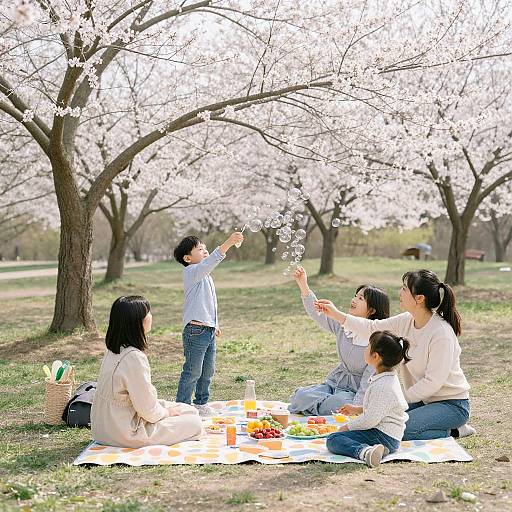 Photograph of a Japanese family enjoying a picnic under blooming cherry blossom trees, with children tossing petals into the air.
