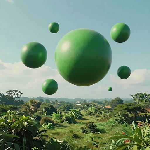 Photograph of vibrant green, floating spheres in a lush, tropical landscape with distant trees, blue sky, and scattered clouds.