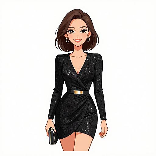 Digital illustration of a confident woman with short brown hair, wearing a sparkling black dress, holding a black clutch, and smiling. White background.