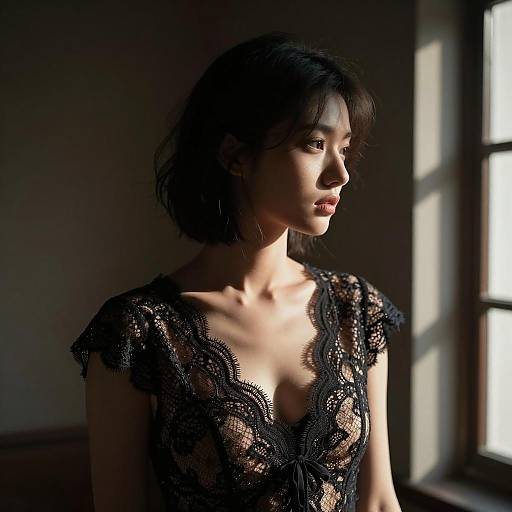 Woman in Black Lace Dress by Window with Dramatic Lighting