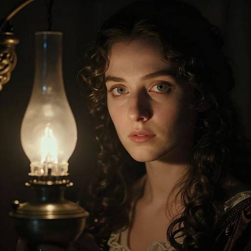 Photograph of a young woman with curly brown hair and blue eyes, illuminated by a glowing antique lamp in a dark room.