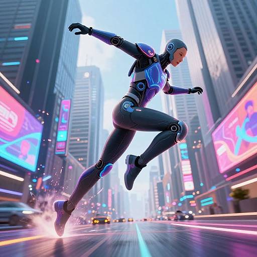 Futuristic Athlete Leaping Through City