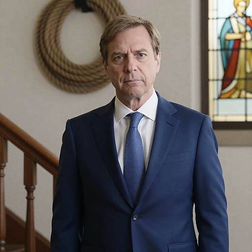 Serious Middle-Aged Man in Blue Suit Indoors
