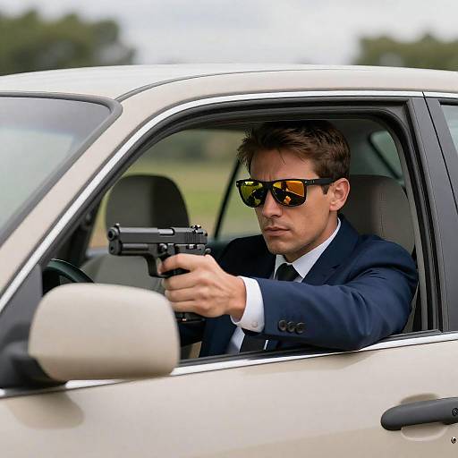 Intense Man with Handgun in Navy Suit