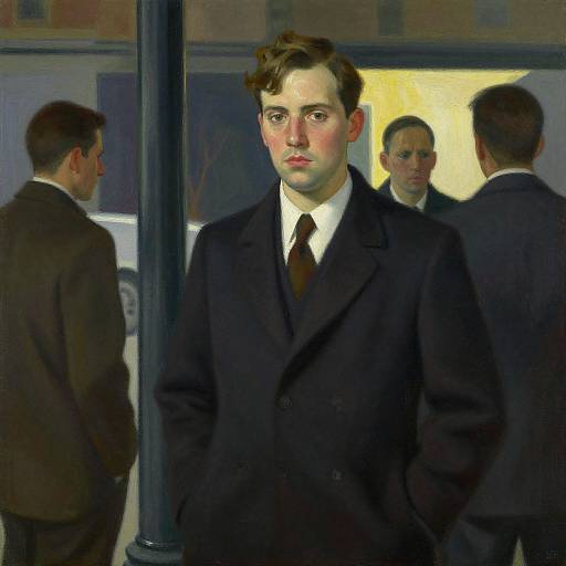 Oil painting of a serious young man in a black suit and tie, standing in an urban setting with two other men in the background.