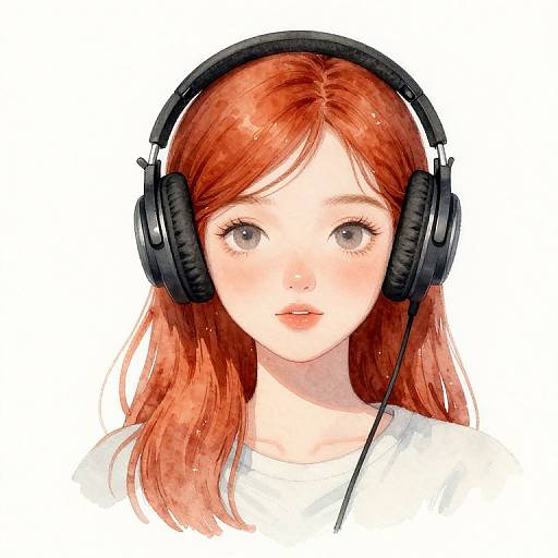 Digital illustration of a fair-skinned, red-haired young woman with gray eyes, wearing black headphones, and a white shirt, staring forward.
