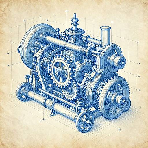 Detailed blue ink technical drawing of a complex mechanical engine with multiple gears, pulleys, and pipes, set against a grid background on a beige, textured