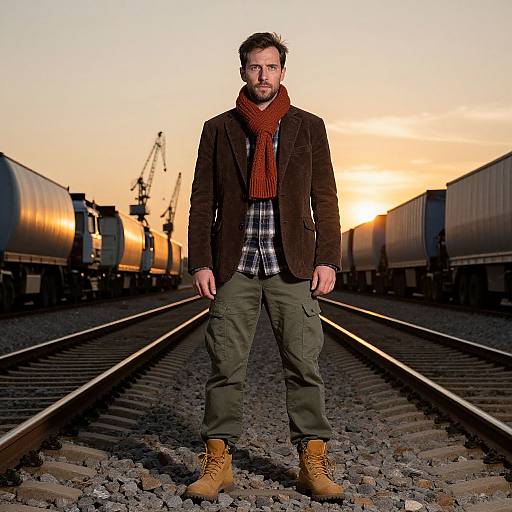 Photograph of a bearded man with short brown hair, wearing a brown jacket, red scarf, plaid shirt, olive pants, and tan boots