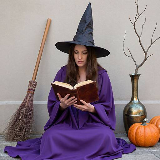 Photograph of a brown-haired woman in a purple witch costume and black hat, reading a book, with a broom, pumpkin, and vase with
