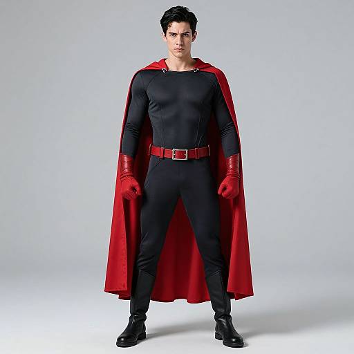 Photograph of a muscular man with dark hair, wearing a black superhero costume, red cape, gloves, and belt, standing against a white background.