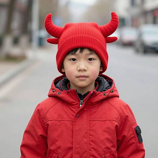 Boy in Red Winter Coat with Horned Hat