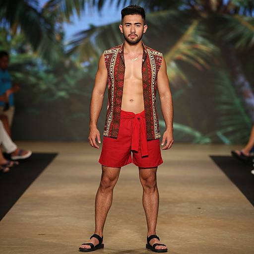 Photograph of a bearded, muscular man with short dark hair, wearing a red-patterned sleeveless shirt, red shorts, and black sandals,