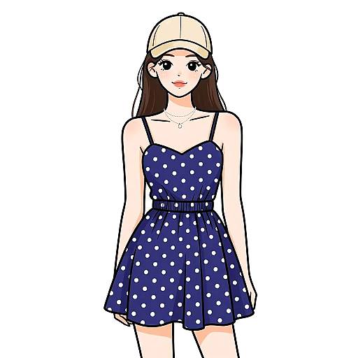 Woman in Navy Blue Polka Dot Summer Dress