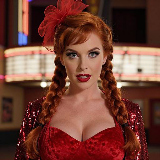 Photograph of a fair-skinned, red-haired woman with braided pigtails, wearing a red sequined dress, red lipstick, and a