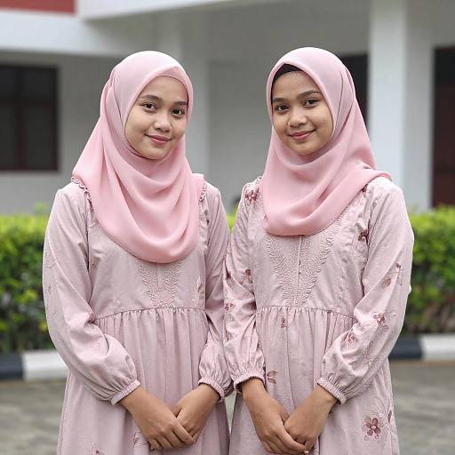 Portrait of Two Women in Pink Hijabs