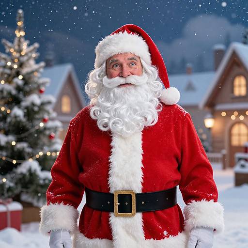 Photograph of Santa Claus in a red velvet suit with white fur trim, black belt, and hat, standing in a snowy, nighttime village with Christmas