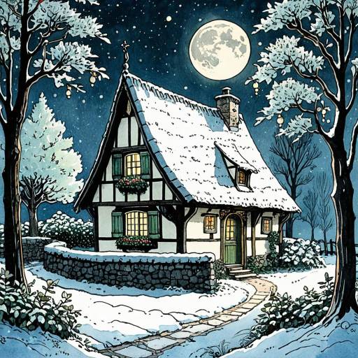 Cozy Snowy Medieval Cottage Under Full Moon
