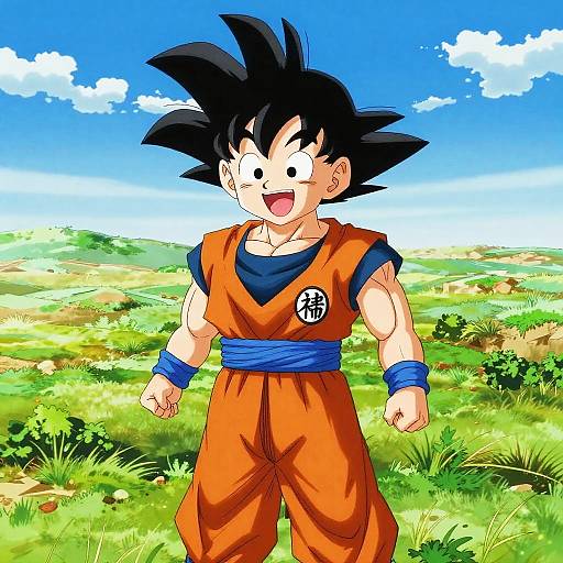 Digital drawing of Super Saiyan Son Goku from Dragon Ball, standing in a vibrant, sunny grassy field with a clear blue sky.
