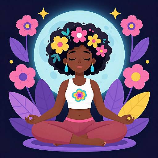 Meditating Woman with Floral Afro and Moon