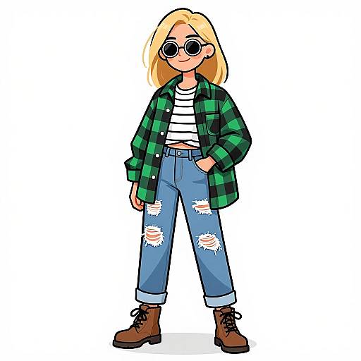 Grunge Woman in Plaid and Ripped Jeans